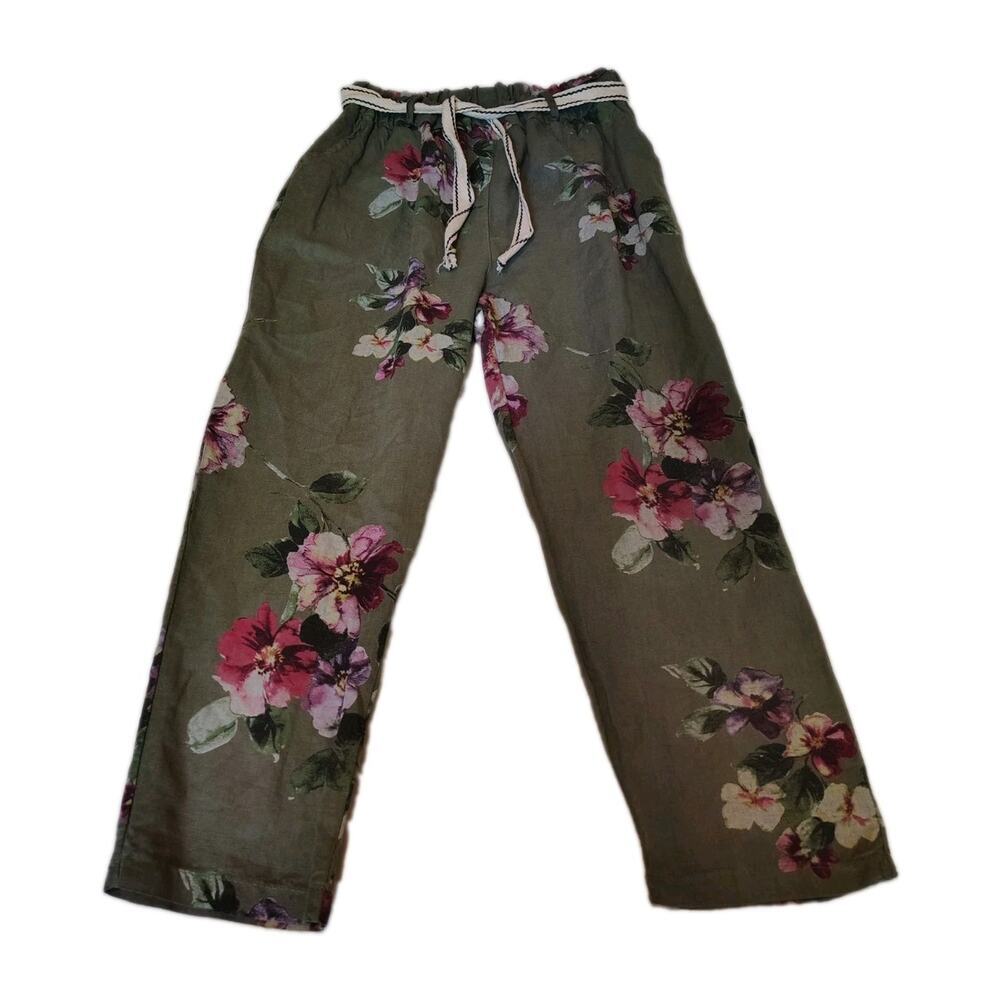 Belle France Italy 100% Linen Floral Pants Small Olive Green Wide Leg Boho Beach